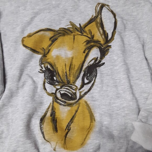 Disney Bambi Artist Sketch Gray Sweatshirt Glitter Print Rolled Sleeve Size XS - Picture 3 of 14